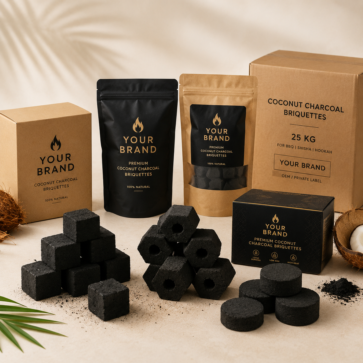 Tropicoal Prime coconut charcoal product and packaging range