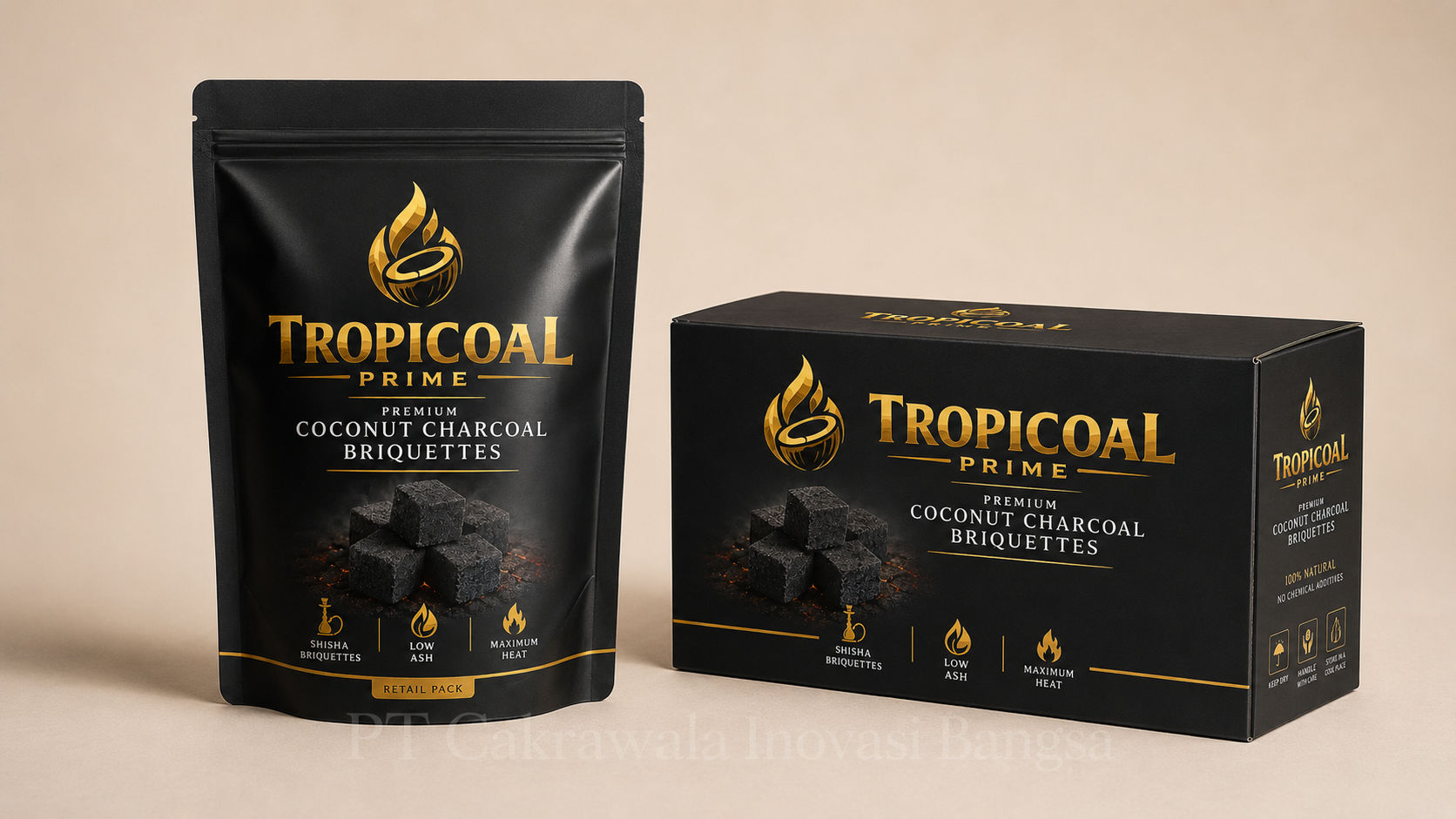 Tropicoal Prime retail pouch and box packaging
