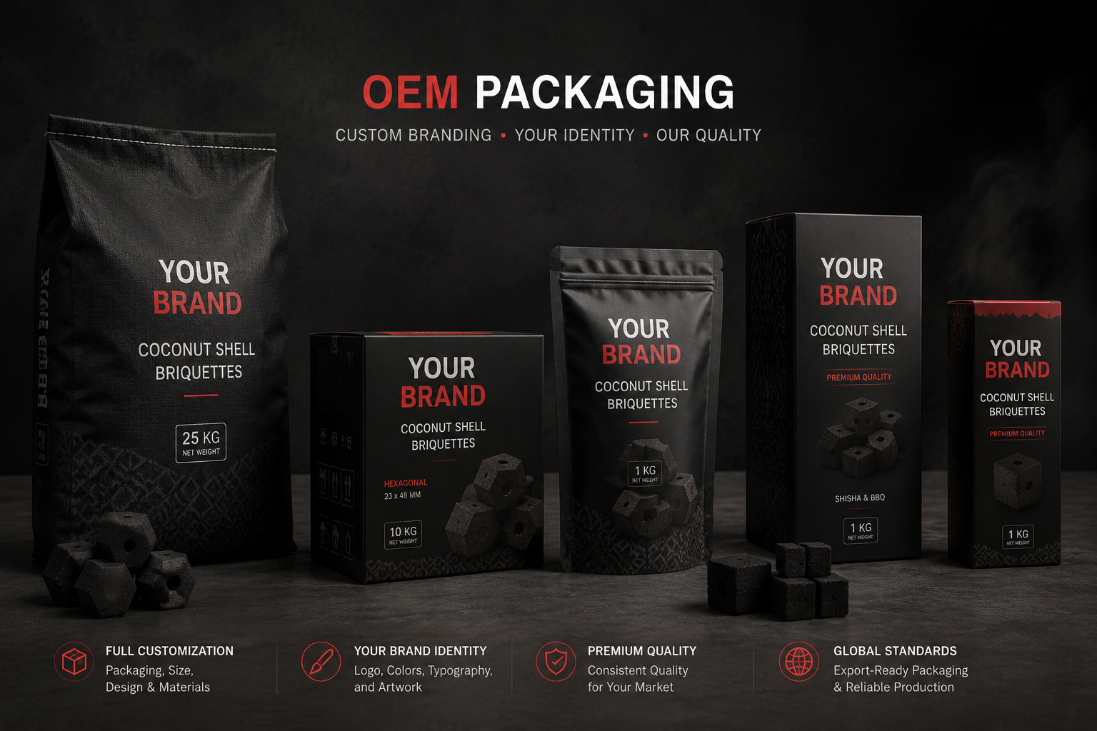 Customized private-label coconut charcoal packaging