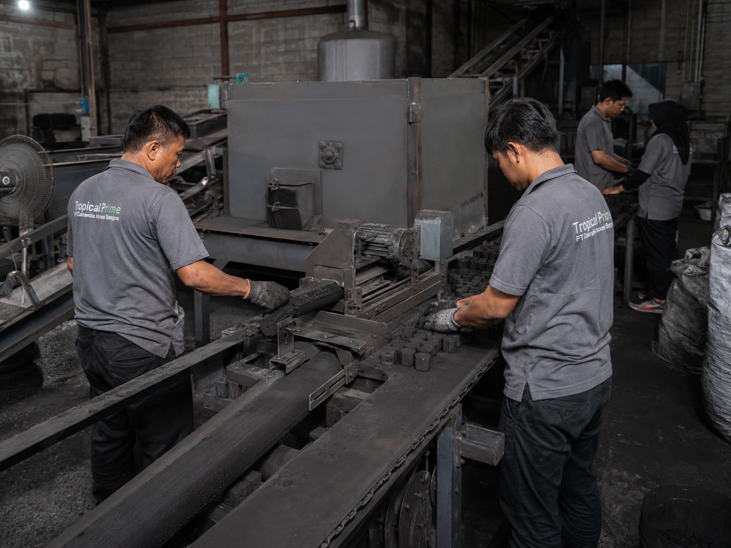 Coconut charcoal briquette forming and cutting process